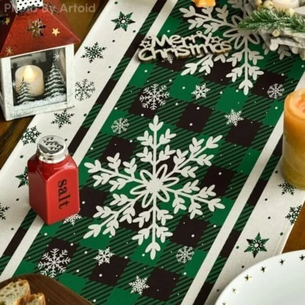 Green Buffalo Plaid Snowflakes Christmas Table Runner, Seasonal Winter 13x72
